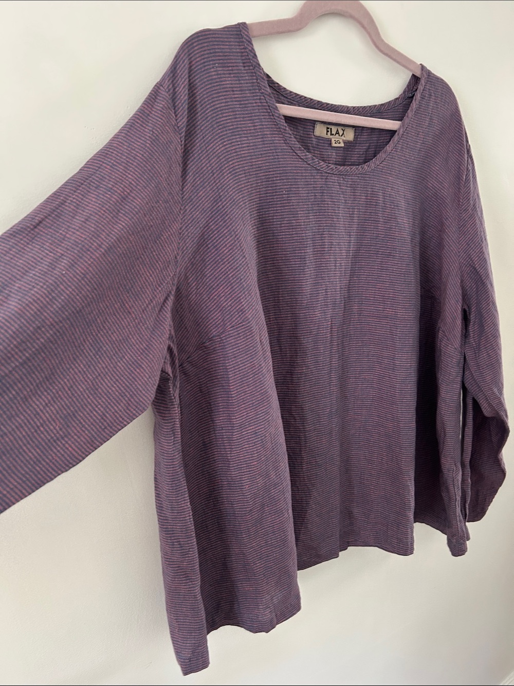 Flax Lavender Stripe Long-Sleeve Top Oversized Lagenlook Linen Coastal Popover - Picture 15 of 15